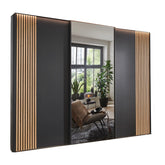 Tulsa 3 Door Graphite Sliding Door Wardrobe with Oak Decking and Mirror - Pendle Village Furniture